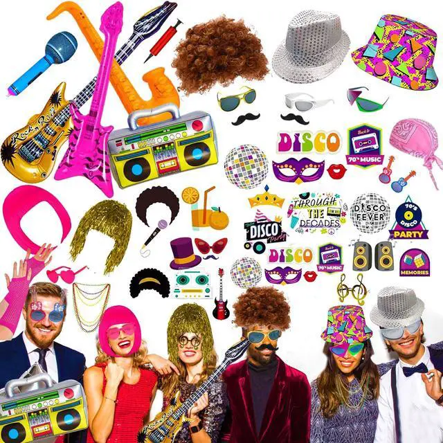 Main image of 50 Pcs Rock Party Photo Booth Props Set for Adults, Funny Rock Star Party Sunglasses, Hats, Wigs, Inflatable, Photo Booth Props Kits for Graduation, Wedding, Birthday, Bachelorette and All Occasions