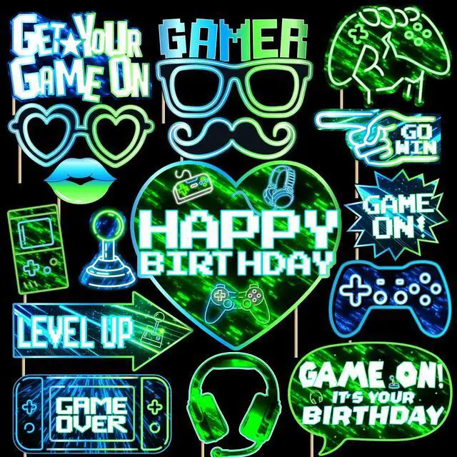 Main image of Video Game Party Decorations Photo Booth Props Neon Video Game On Theme Party Supplies Photo Booth Prop Kits for Glow in The Dark Styles Gamer Birthday Decor