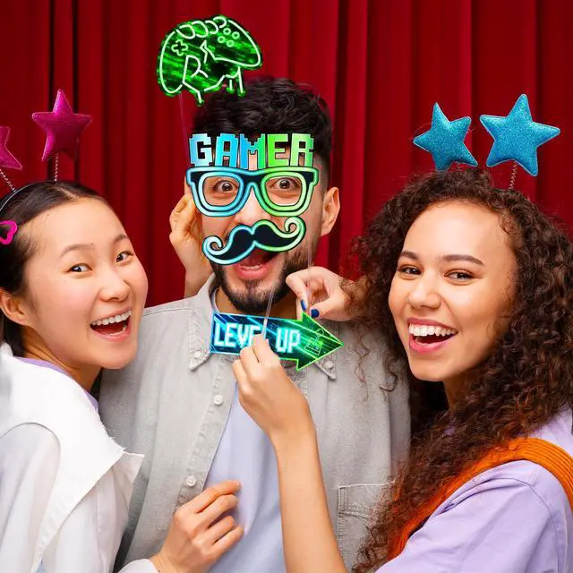 Alt view image 3 of 7 - Video Game Party Decorations Photo Booth Props Neon Video Game On Theme Party Supplies Photo Booth Prop Kits for Glow in The Dark Styles Gamer Birthday Decor