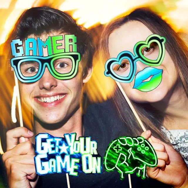 Alt view image 2 of 7 - Video Game Party Decorations Photo Booth Props Neon Video Game On Theme Party Supplies Photo Booth Prop Kits for Glow in The Dark Styles Gamer Birthday Decor