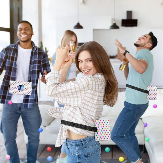 Alt view image 3 of 6 - 4 Sets Summer Party Games Colorful Polka Dots Shake Box, 4 Adjustable Belts and 80 Balls, Swing Shaking Balls Set for Adults Tea Garden Outdoor Indoor Group Party Game