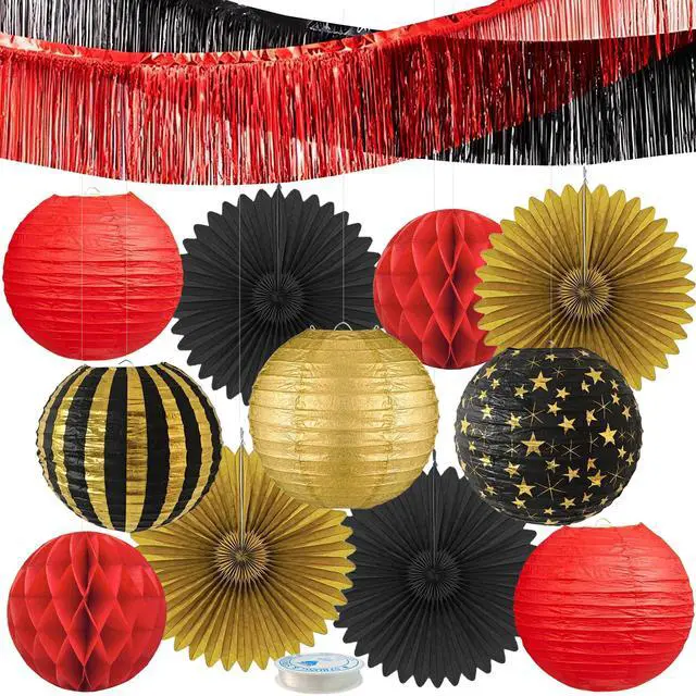 Main image of Red, Black & Gold Party Decorations for Birthday, Retirement, Graduation, Casino Night, Red Carpet, Hollywood Theme - Hanging Paper Lanterns, Fans & Streamers Set