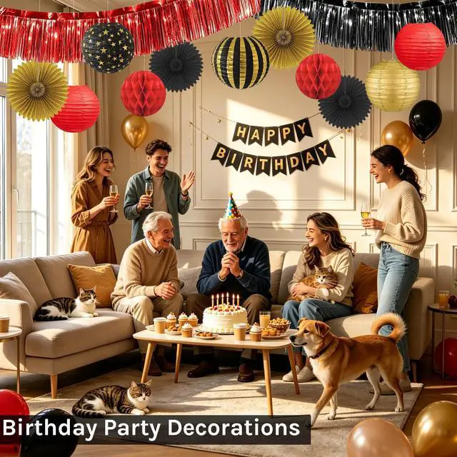 Alt view image 2 of 7 - Red, Black & Gold Party Decorations for Birthday, Retirement, Graduation, Casino Night, Red Carpet, Hollywood Theme - Hanging Paper Lanterns, Fans & Streamers Set