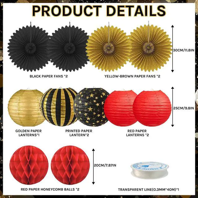 Alt view image 3 of 7 - Red, Black & Gold Party Decorations for Birthday, Retirement, Graduation, Casino Night, Red Carpet, Hollywood Theme - Hanging Paper Lanterns, Fans & Streamers Set