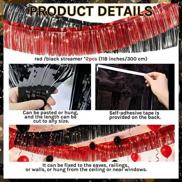 Alt view image 4 of 7 - Red, Black & Gold Party Decorations for Birthday, Retirement, Graduation, Casino Night, Red Carpet, Hollywood Theme - Hanging Paper Lanterns, Fans & Streamers Set