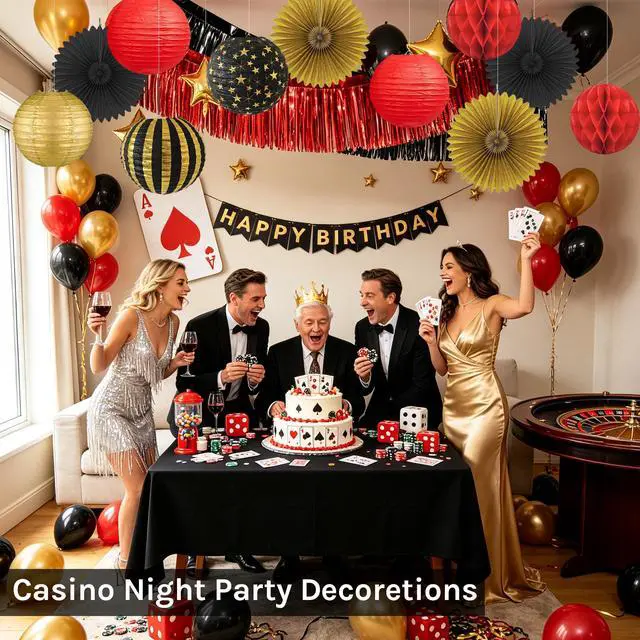 Alt view image 6 of 7 - Red, Black & Gold Party Decorations for Birthday, Retirement, Graduation, Casino Night, Red Carpet, Hollywood Theme - Hanging Paper Lanterns, Fans & Streamers Set