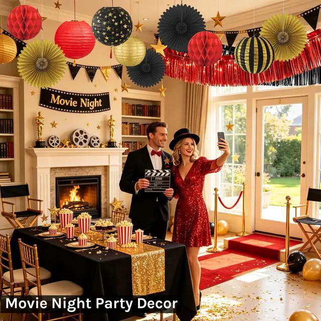 Alt view image 5 of 7 - Red, Black & Gold Party Decorations for Birthday, Retirement, Graduation, Casino Night, Red Carpet, Hollywood Theme - Hanging Paper Lanterns, Fans & Streamers Set
