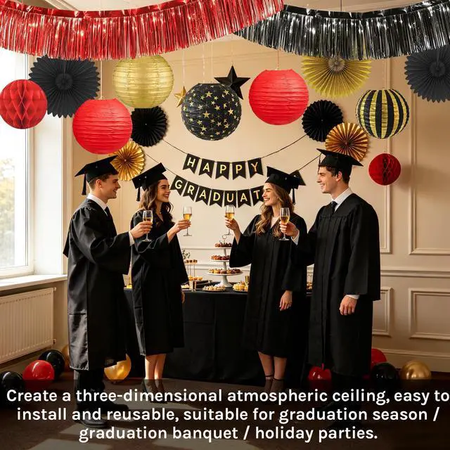 Alt view image 7 of 7 - Red, Black & Gold Party Decorations for Birthday, Retirement, Graduation, Casino Night, Red Carpet, Hollywood Theme - Hanging Paper Lanterns, Fans & Streamers Set