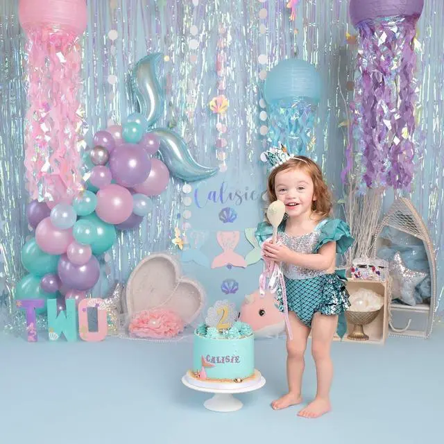 Alt view image 3 of 7 - Thicken Iridescent Party Streamers 2 Pack 3.3x6.6 FT, Holographic Foil Fringe Tinsel Backdrop Curtains for Birthday/Mermaid/Frozen/Bachelorette/Sea/Euphoria Party Decorations