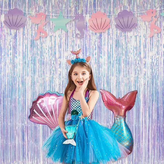 Alt view image 2 of 7 - Thicken Iridescent Party Streamers 2 Pack 3.3x6.6 FT, Holographic Foil Fringe Tinsel Backdrop Curtains for Birthday/Mermaid/Frozen/Bachelorette/Sea/Euphoria Party Decorations