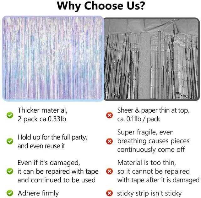Alt view image 4 of 7 - Thicken Iridescent Party Streamers 2 Pack 3.3x6.6 FT, Holographic Foil Fringe Tinsel Backdrop Curtains for Birthday/Mermaid/Frozen/Bachelorette/Sea/Euphoria Party Decorations