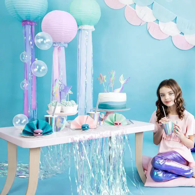 Alt view image 5 of 7 - Thicken Iridescent Party Streamers 2 Pack 3.3x6.6 FT, Holographic Foil Fringe Tinsel Backdrop Curtains for Birthday/Mermaid/Frozen/Bachelorette/Sea/Euphoria Party Decorations