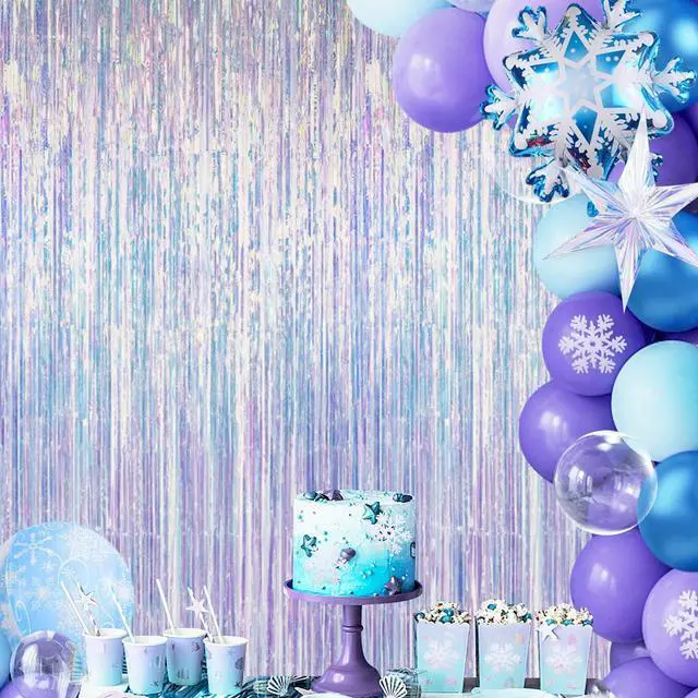 Alt view image 6 of 7 - Thicken Iridescent Party Streamers 2 Pack 3.3x6.6 FT, Holographic Foil Fringe Tinsel Backdrop Curtains for Birthday/Mermaid/Frozen/Bachelorette/Sea/Euphoria Party Decorations