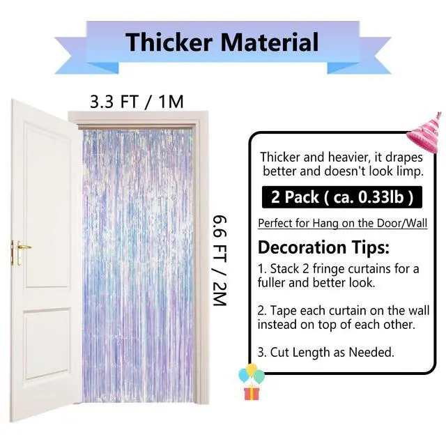 Alt view image 7 of 7 - Thicken Iridescent Party Streamers 2 Pack 3.3x6.6 FT, Holographic Foil Fringe Tinsel Backdrop Curtains for Birthday/Mermaid/Frozen/Bachelorette/Sea/Euphoria Party Decorations