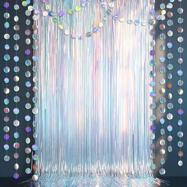 Main image of Iridescent Tinsel Foil Fringe Backdrop Curtain Circle Garland Holographic Party Decorations Disco Birthday Wedding Graduation Christmas New Year Theme Party Streamer Decor