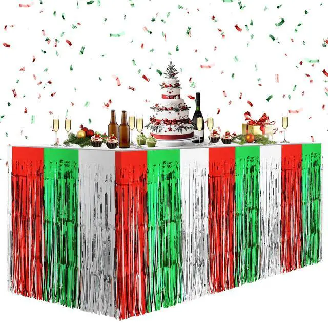 Main image of 2 Pack Christmas Table Skirts, 29x108" Red & Silver & Green Metallic Foil Tinsel Fringe Table Skirts for Rectangle Tables Streamer Curtain Backdrop, Party Decoration for Xmas Birthday Wedding Holiday