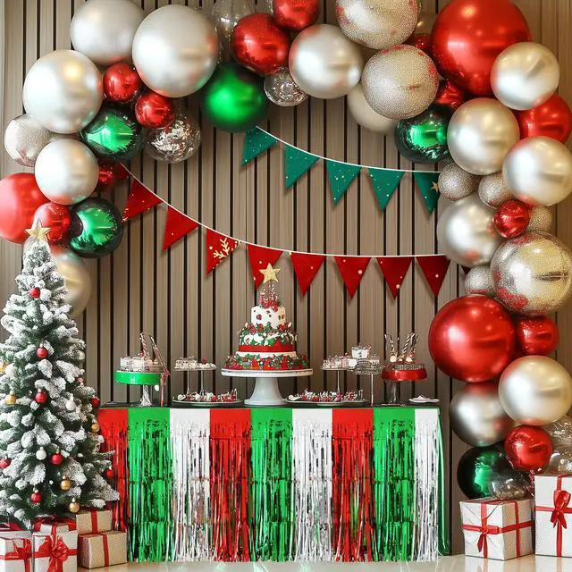 Alt view image 2 of 7 - 2 Pack Christmas Table Skirts, 29x108" Red & Silver & Green Metallic Foil Tinsel Fringe Table Skirts for Rectangle Tables Streamer Curtain Backdrop, Party Decoration for Xmas Birthday Wedding Holiday