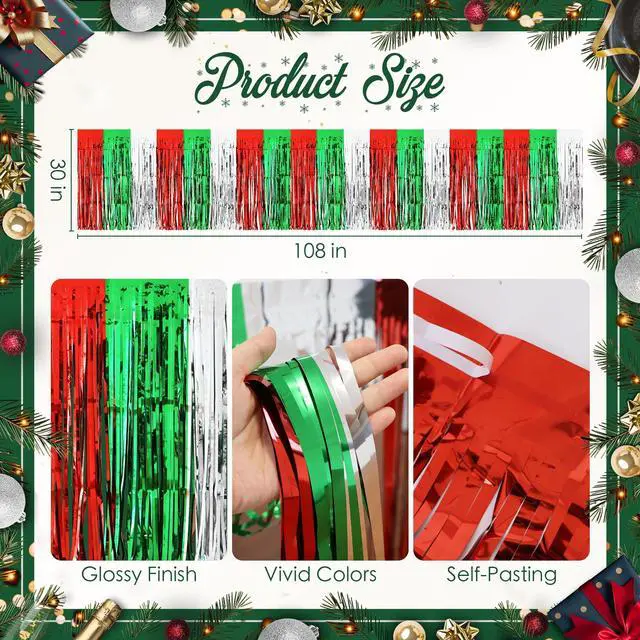 Alt view image 3 of 7 - 2 Pack Christmas Table Skirts, 29x108" Red & Silver & Green Metallic Foil Tinsel Fringe Table Skirts for Rectangle Tables Streamer Curtain Backdrop, Party Decoration for Xmas Birthday Wedding Holiday