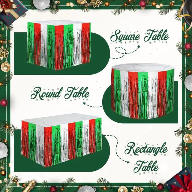 Alt view image 4 of 7 - 2 Pack Christmas Table Skirts, 29x108" Red & Silver & Green Metallic Foil Tinsel Fringe Table Skirts for Rectangle Tables Streamer Curtain Backdrop, Party Decoration for Xmas Birthday Wedding Holiday