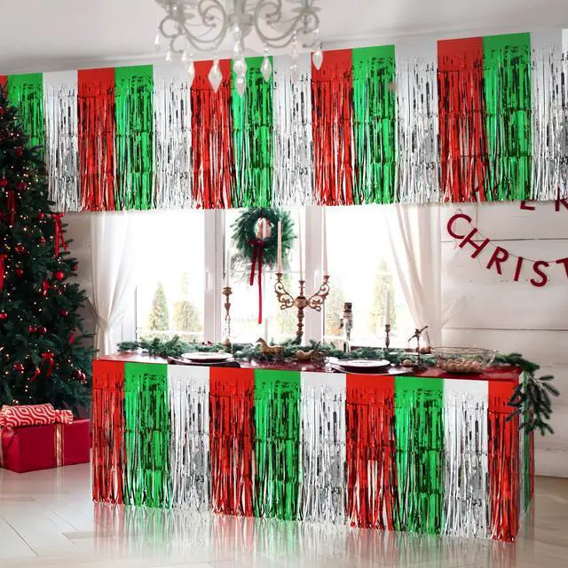 Alt view image 7 of 7 - 2 Pack Christmas Table Skirts, 29x108" Red & Silver & Green Metallic Foil Tinsel Fringe Table Skirts for Rectangle Tables Streamer Curtain Backdrop, Party Decoration for Xmas Birthday Wedding Holiday
