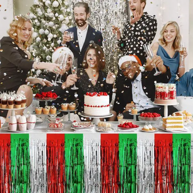 Alt view image 6 of 7 - 2 Pack Christmas Table Skirts, 29x108" Red & Silver & Green Metallic Foil Tinsel Fringe Table Skirts for Rectangle Tables Streamer Curtain Backdrop, Party Decoration for Xmas Birthday Wedding Holiday