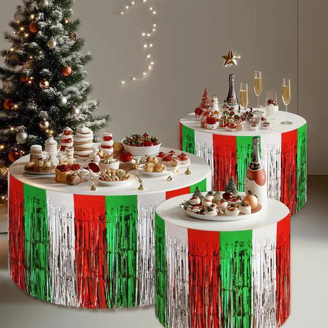 Alt view image 5 of 7 - 2 Pack Christmas Table Skirts, 29x108" Red & Silver & Green Metallic Foil Tinsel Fringe Table Skirts for Rectangle Tables Streamer Curtain Backdrop, Party Decoration for Xmas Birthday Wedding Holiday
