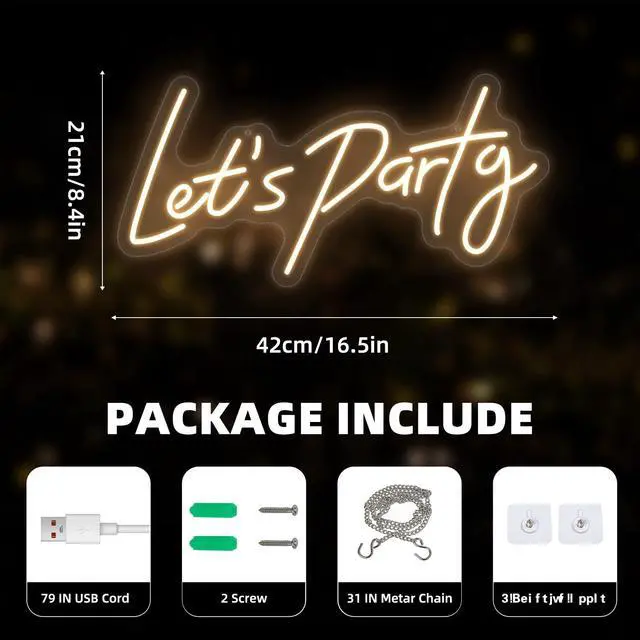 Alt view image 6 of 6 - Lets Party Neon Sign for Party Wall Decor, 16.5x8.4 inch Compact Neon Party Decorations LED Glow Lights Supplies Accessories, Warm White