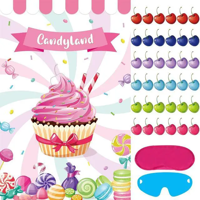 Main image of Pin the Cherry on the Cupcake Game With 36 Pcs Cherries Large Cupcake Party Games Poster for Kids Girls Candy Birthday Party Carnival Party Supplies