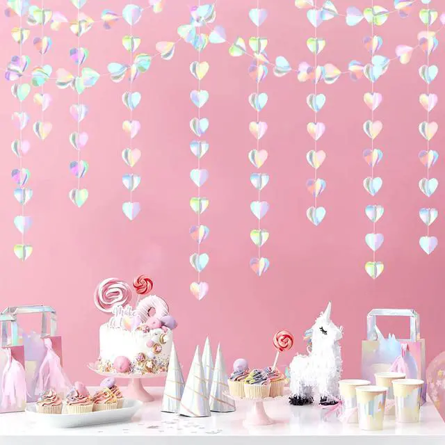 Alt view image 4 of 6 - Iridescent Disco-Holographic Party-Decorations Heart-Garland - 39Ft Galentines Valentines Day Wedding Hanging Paper Streamers Banner,Birthday Bachelorette Baby Bridal Shower Engagement Decor Ouruola