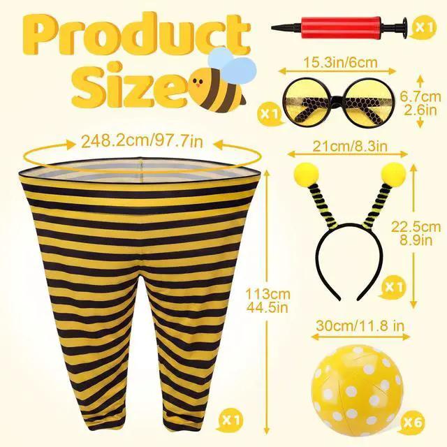 Alt view image 2 of 6 - 10 Piece Bee Granny Pants Yard Game Set for Adults, Toss Game with Oversized Pants, 6 Inflatable Balls, Hand Pump, Bee Antenna Headband & Glasses, Backyard Party Family Accessories