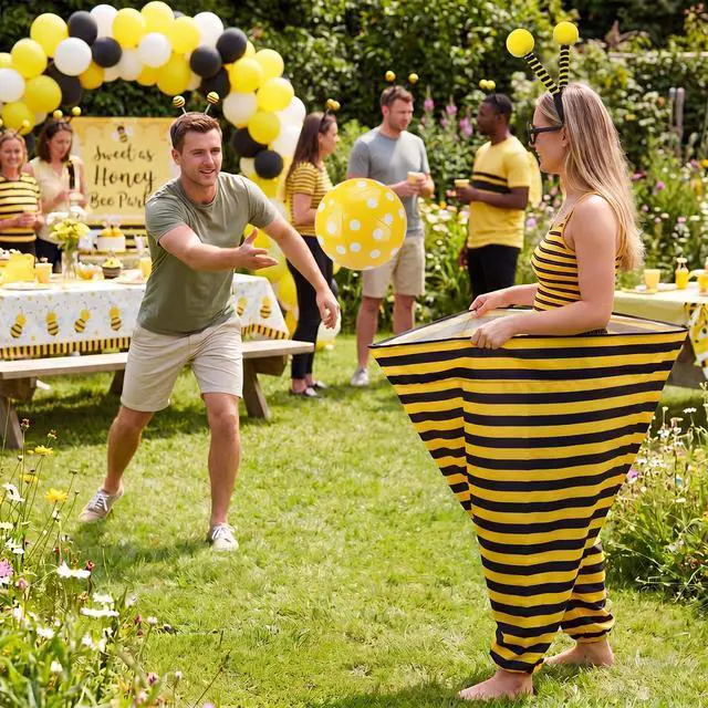 Alt view image 6 of 6 - 10 Piece Bee Granny Pants Yard Game Set for Adults, Toss Game with Oversized Pants, 6 Inflatable Balls, Hand Pump, Bee Antenna Headband & Glasses, Backyard Party Family Accessories