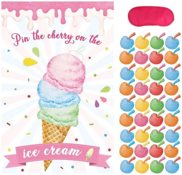 Main image of Pin The Cherry On The Ice Cream Game With 36 Pcs Cherry Stickers Large Ice Cream Party Games Poster for Kids Ice Cream Birthday Party Carnival Party Supplies