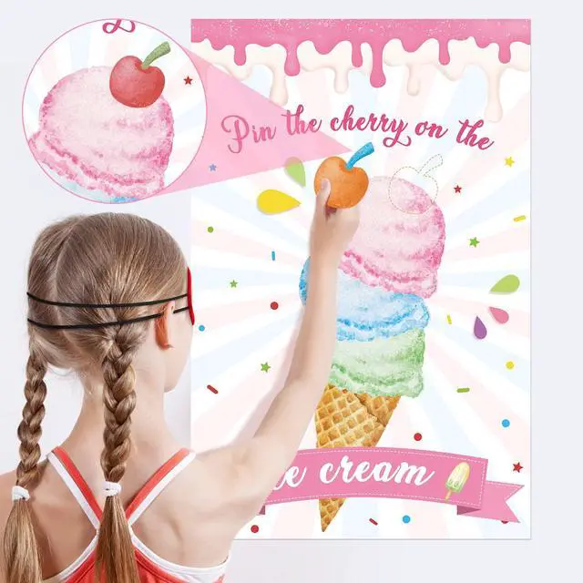 Alt view image 3 of 7 - Pin The Cherry On The Ice Cream Game With 36 Pcs Cherry Stickers Large Ice Cream Party Games Poster for Kids Ice Cream Birthday Party Carnival Party Supplies