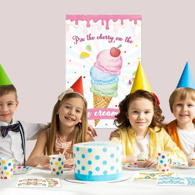 Alt view image 5 of 7 - Pin The Cherry On The Ice Cream Game With 36 Pcs Cherry Stickers Large Ice Cream Party Games Poster for Kids Ice Cream Birthday Party Carnival Party Supplies