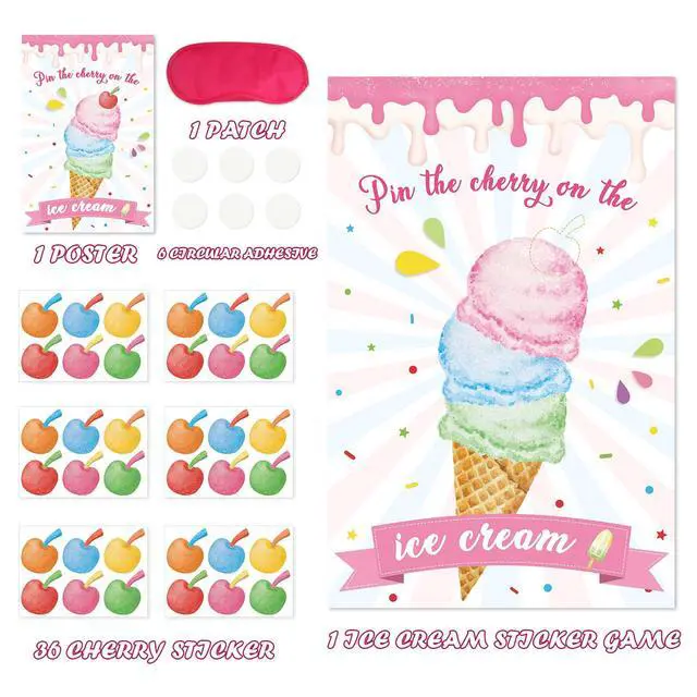 Alt view image 6 of 7 - Pin The Cherry On The Ice Cream Game With 36 Pcs Cherry Stickers Large Ice Cream Party Games Poster for Kids Ice Cream Birthday Party Carnival Party Supplies