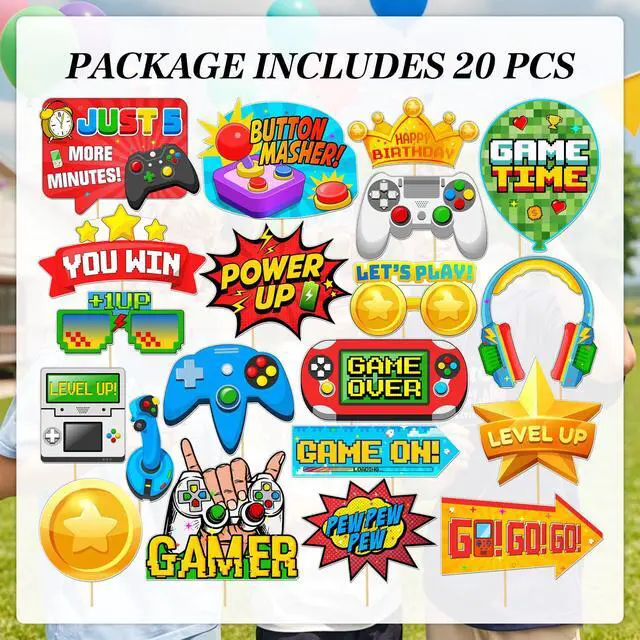 Alt view image 4 of 7 - Game on Party Photo Booth Props, Video Game Birthday Party Decoration Level Up Theme Decorations for Boy Gamer Birthday Party Supplies 20Pcs