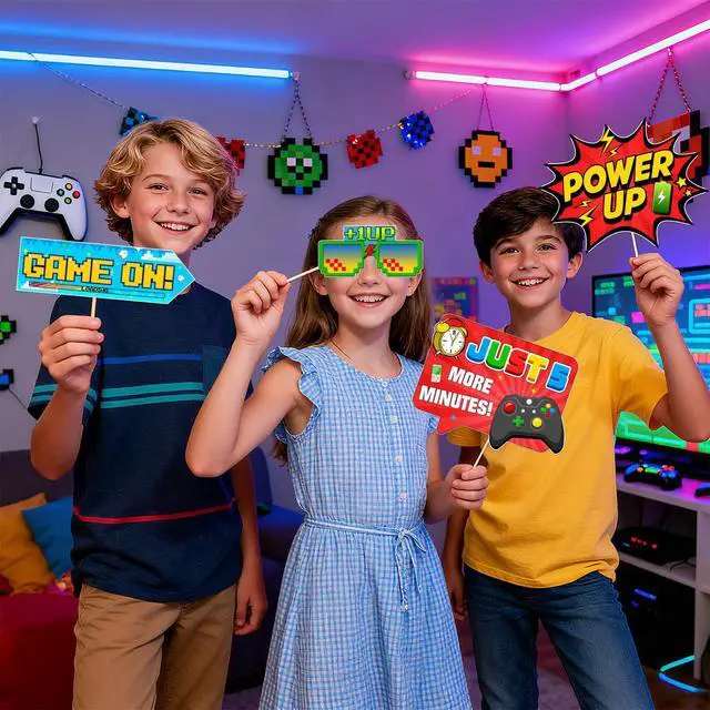 Alt view image 5 of 7 - Game on Party Photo Booth Props, Video Game Birthday Party Decoration Level Up Theme Decorations for Boy Gamer Birthday Party Supplies 20Pcs