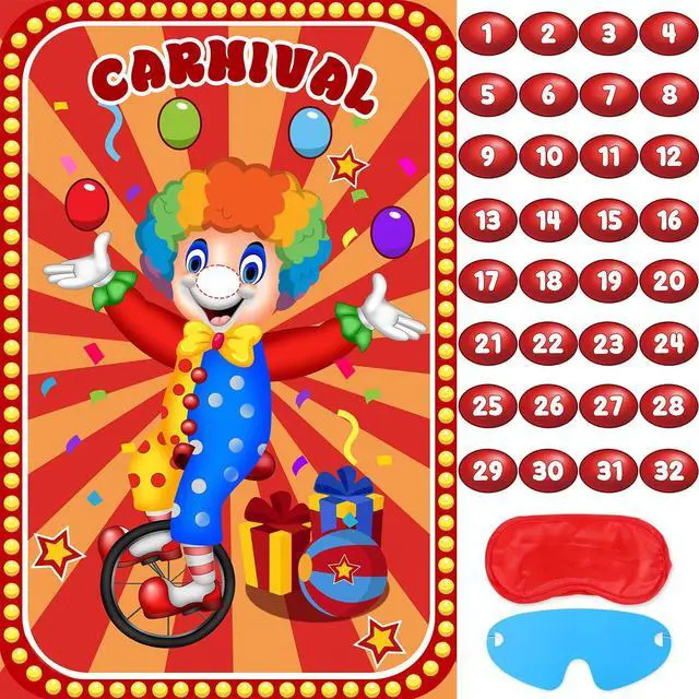 Main image of Circus Party Games, Pin The Noses on The Clown With 32 Pcs Nose Stickers, Large Carnival Clown Games Poster for Kids Birthday Party School Classroom Carnival Party Supplies