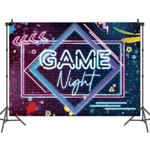 Alt view image 2 of 7 - Game Night Theme Photography Backdrops Glow Neon Photo Background for Game On Birthday Party Decor Sleepover Slumber Prom Gaming Party Cake Table Decor Photobooth Supplies 7x5ft