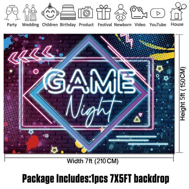 Alt view image 6 of 7 - Game Night Theme Photography Backdrops Glow Neon Photo Background for Game On Birthday Party Decor Sleepover Slumber Prom Gaming Party Cake Table Decor Photobooth Supplies 7x5ft