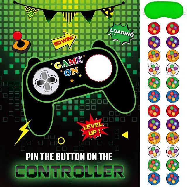 Main image of Pin The Button on The Game - Gamer Party Decorations Birthday Games for Kids Party 21" x 28" Game Poster with 24 Sticker for Boys Gaming Night Birthday Wall Home Room Decorations