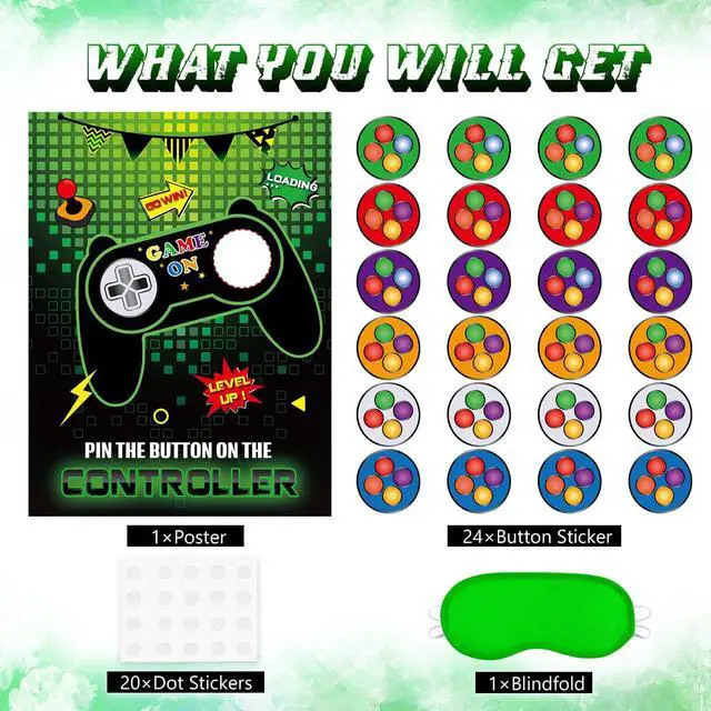 Alt view image 3 of 7 - Pin The Button on The Game - Gamer Party Decorations Birthday Games for Kids Party 21" x 28" Game Poster with 24 Sticker for Boys Gaming Night Birthday Wall Home Room Decorations
