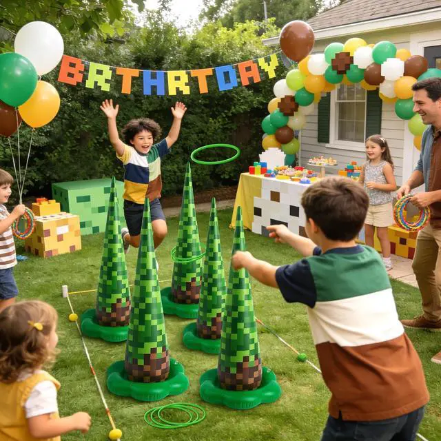 Alt view image 2 of 7 - 5 Pack Inflatable Pixel Ring Toss Game - Green Brown Pixel Themed Birthday Party Games with 10 Plastic Rings & Pump, Indoor Outdoor Carnival Toss Toy for Kids Party Favors