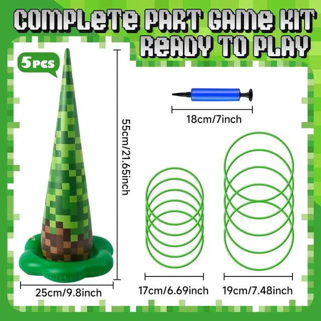 Alt view image 3 of 7 - 5 Pack Inflatable Pixel Ring Toss Game - Green Brown Pixel Themed Birthday Party Games with 10 Plastic Rings & Pump, Indoor Outdoor Carnival Toss Toy for Kids Party Favors