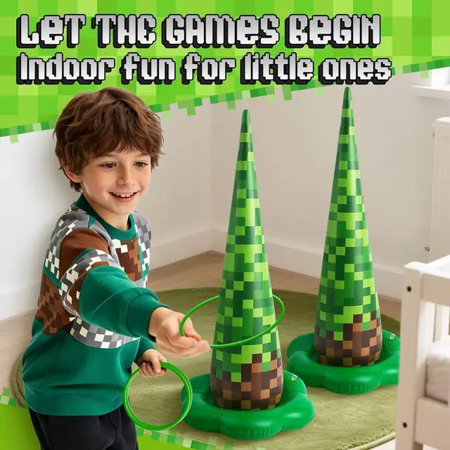 Alt view image 7 of 7 - 5 Pack Inflatable Pixel Ring Toss Game - Green Brown Pixel Themed Birthday Party Games with 10 Plastic Rings & Pump, Indoor Outdoor Carnival Toss Toy for Kids Party Favors