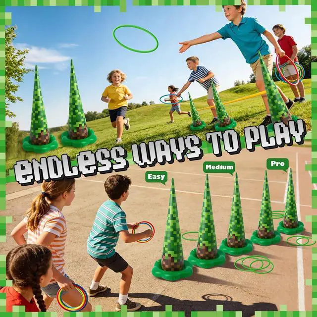 Alt view image 6 of 7 - 5 Pack Inflatable Pixel Ring Toss Game - Green Brown Pixel Themed Birthday Party Games with 10 Plastic Rings & Pump, Indoor Outdoor Carnival Toss Toy for Kids Party Favors