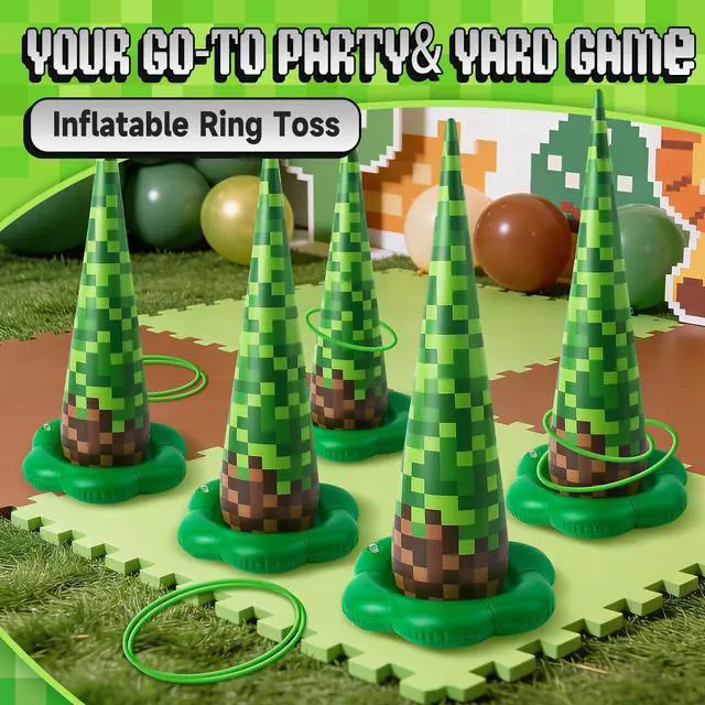 Alt view image 5 of 7 - 5 Pack Inflatable Pixel Ring Toss Game - Green Brown Pixel Themed Birthday Party Games with 10 Plastic Rings & Pump, Indoor Outdoor Carnival Toss Toy for Kids Party Favors