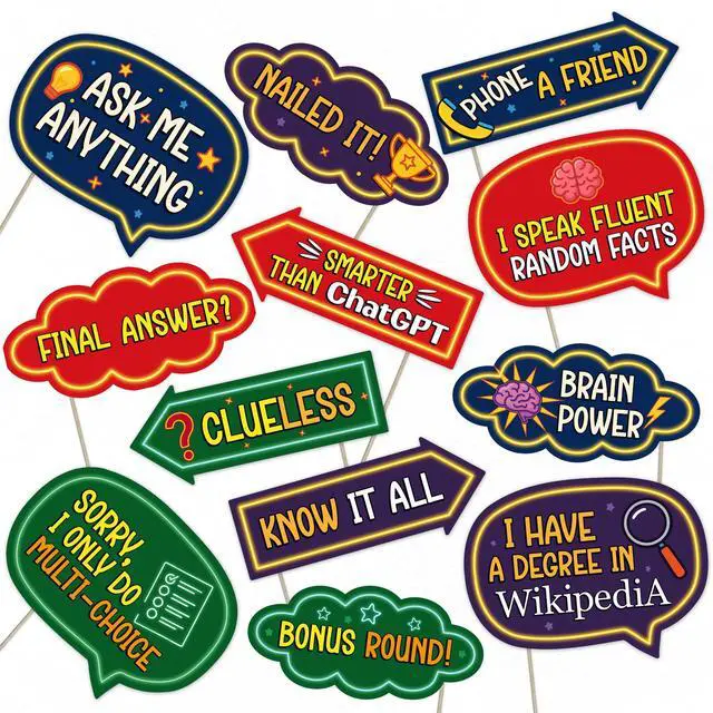 Main image of Trivia Night Photo Booth Props 12 Funny Quiz Signs for Game Night, Bar Trivia, Pub Quizzes & Party Decorations