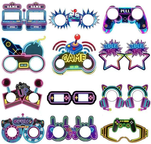 Main image of 24 PCS Neon Video Games Paper Eyeglasses Game on Party Gift Stuffer Supplies Gamer Party Decorations Gaming Birthday Party Favors Neon Video Gaming Photo Booth Props Game Goodie Treat Bag Fillers