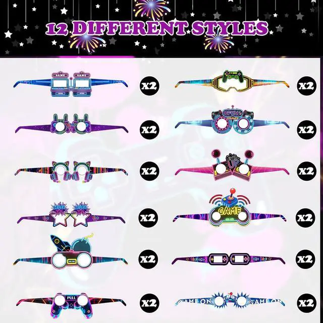 Alt view image 4 of 7 - 24 PCS Neon Video Games Paper Eyeglasses Game on Party Gift Stuffer Supplies Gamer Party Decorations Gaming Birthday Party Favors Neon Video Gaming Photo Booth Props Game Goodie Treat Bag Fillers